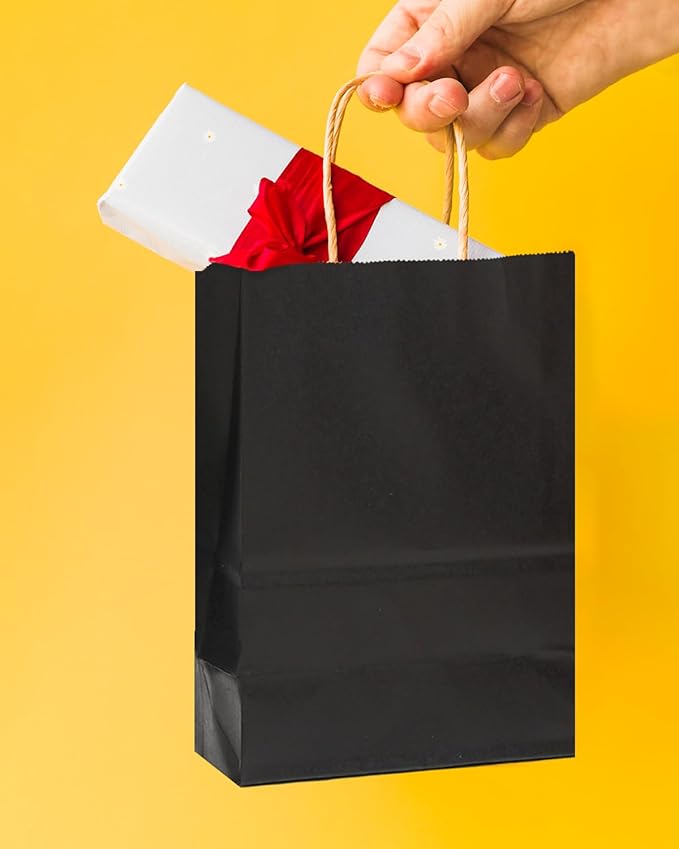 qiqee 25 Pcs Black Mini Paper Gift Bags 6"x4.5"x2.5" with Handles Small Brown Kraft Party Favor Treat Bags Multiple Uses (Mini size)