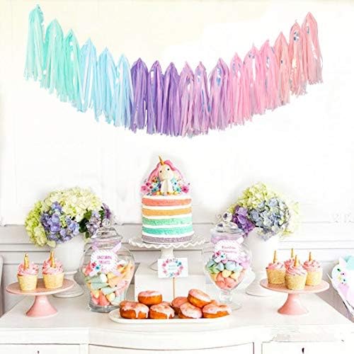 Fonder Mols Tissue Paper Tassel Garland DIY Kit (40pcs, Blush, Mint, Aqua, Lilac and Orchid All Mixed with Iridescent Mylar) for Rainbow Color, Spring, Candy, Easter themed Party Decorations A33