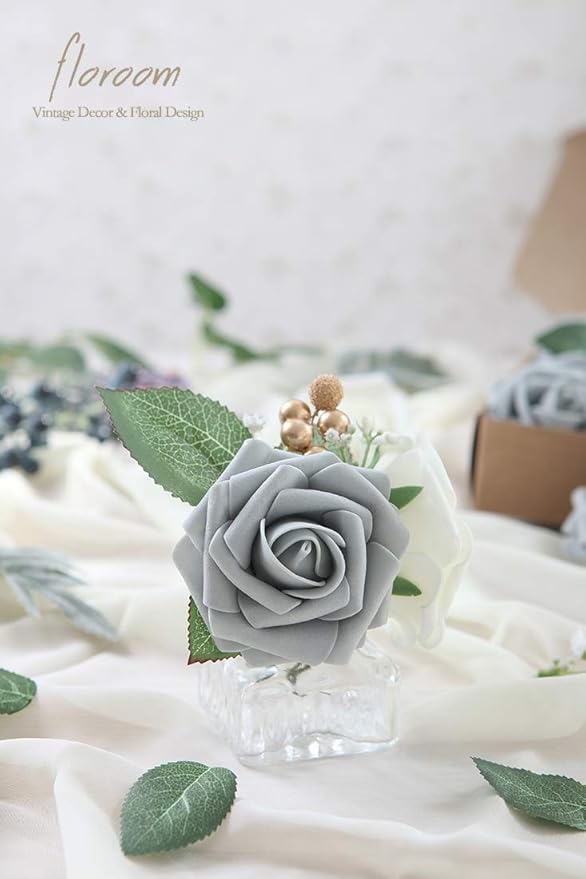 Floroom Artificial Flowers 50pcs Real Looking Silver Grey Foam Fake Roses with Stems for DIY Wedding Bouquets Bridal Shower Centerpieces Floral Arrangements Party Tables Home Decorations
