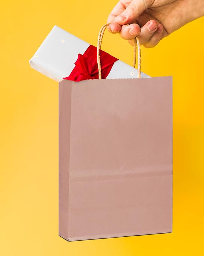 qiqee 24 Pcs Coffee Mini Paper Gift Bags with Handles 6"x4.5"x2.5" Small Brown Kraft Party Favor Bags Treat Bags Multiple Uses (Mini size)