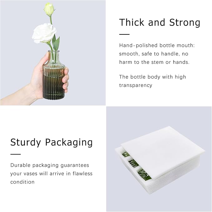 Glass Bud Vase Set of 5, Green Small Flower Vases for Centerpieces in Bulk, Mini Vintage Vase for Rustic Wedding, Home,Table Decoration