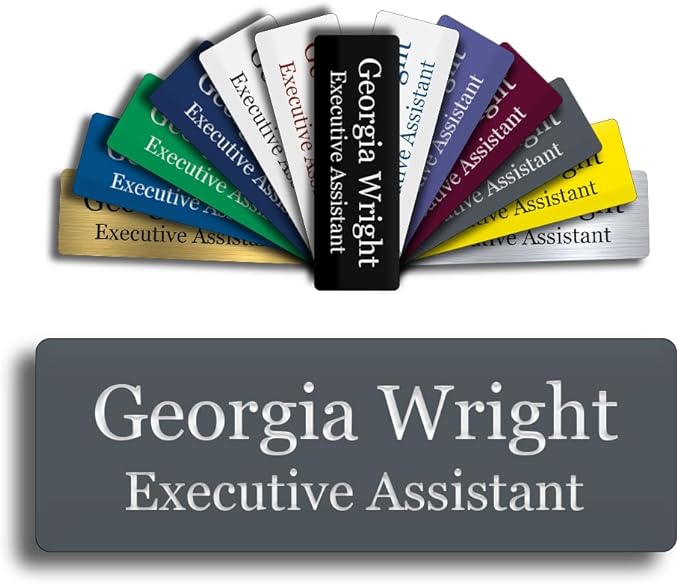 Custom Engraved Name Tag 1" x 3" Personalized Badge Magnetic or Pin Backing Made in The USA by Gem Awards (Gray)