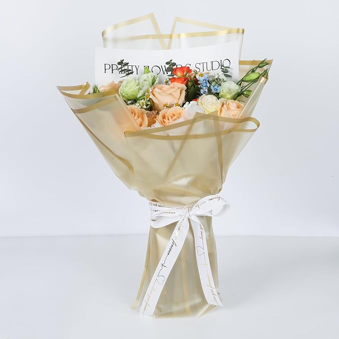 NESCCI 20 Sheet Flower Wrapping Paper - Waterproof Floral Bouquet Wrapping Paper, Florist Supplies Packaging Paper for Wedding Birthday Gift DIY (Translucent Gold)