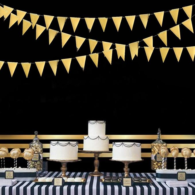 40Ft Gold Party Decoration Triangle Flag Banner Double Sided Metallic Paper Pennant Bunting Garland for Graduation Wedding Bridal Shower Birthday Bachelorette Engagement Anniversary Hen Party Supplies