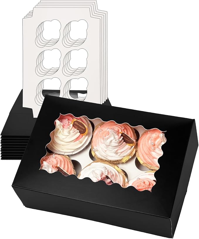 Bakepacker Auto-pop up 6 Cupcake Boxes with Window 20 Count Black Box 9.4 x 6.1 x 3 inch Cupcake Carrier