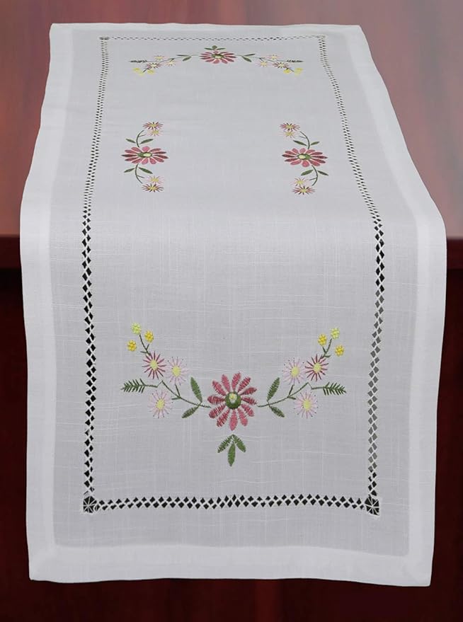 Creative Linens Hemstitch Embroidered Daisy Flower Table Runner 15x34 Dresser Scarf White Rectangular