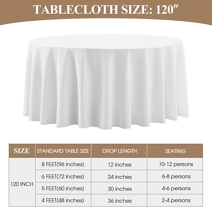 Round Tablecloth 120 Inch 10 Pack White Tablecloths Washable Decorative Linen Polyester Table Clothes Cover for Dining Table Banquets Buffet Parties and Wedding
