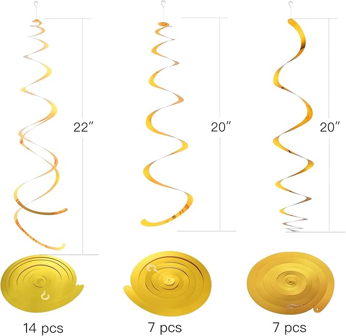 Gold Party Hanging Swirl Decorations Plastic Streamer for Ceiling, Pack of 28