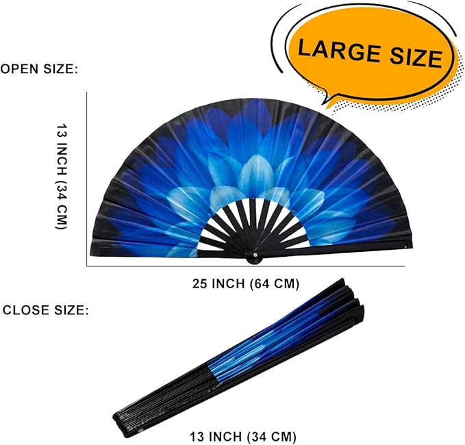 Amajiji Rave Folding Hand Fan Popping Fans for Line Dancing, Large Clacking Fans Clap Fan for Boots On The Ground Dance,Party,Decoration,Festival (Blue Flower)