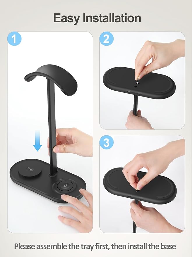TopMade 5 in 1 Headphone Stand for Desk with Wireless Charger & USB Charging for iPhone/AirPods/iWatch, Universal Desktop Gaming Headset Holder for Airpods Max, Bose, Beats, Razer and More, Black