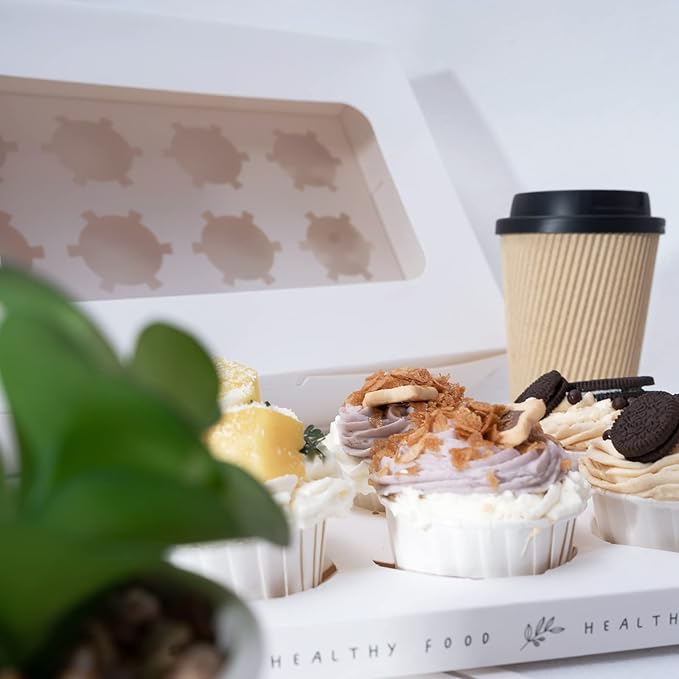 Yeplan 50 Packs Cupcake Boxes,9.4x6.1x3.14 Inches 6 Count Cupcake Box,White Cupcake Containers with Clear Window and Six Treat Holder,Pastry and Cookie Boxes,Bakery Boxes