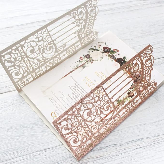 Glittery Hollow Rose Gold Invitations Gate Design For Weddings Engagement Mermaid 25 Sets (rose gold, 4.9"x7.1")