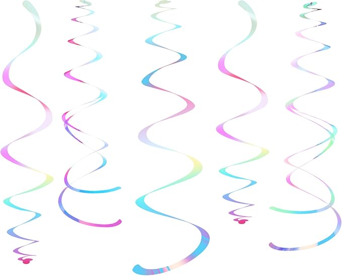 Iridescent White Party Hanging Swirl Decorations Shimmer Transparent White Plastic Streamer for Ceiling, Pack of 28