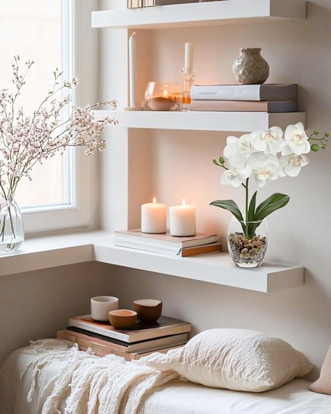 White Orchids Artificial Flowers with Vase, Small Faux Orchid Arrangement Set of 2 Fake Flowers in Glass Vases Small White Centerpieces for Kitchen Dining Room Tables Bathroom Nightstand Shelf Decor