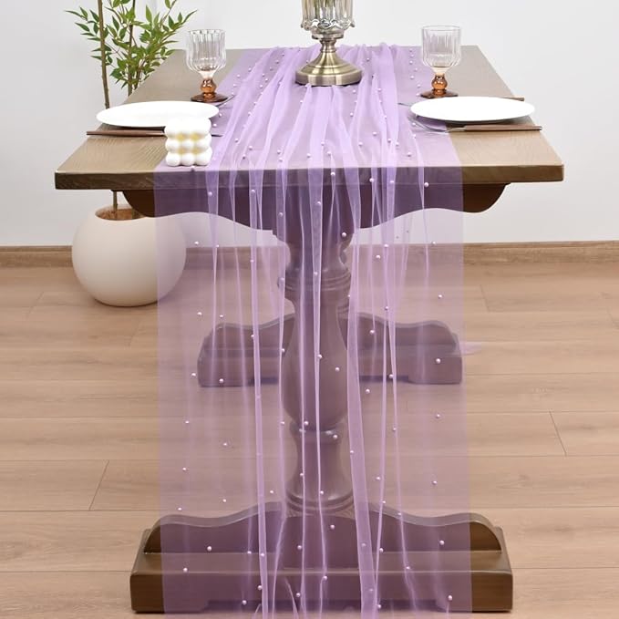 Joanlody Fall Pearl Table Runner 10ft Rustic Boho Tulle Table Runner with Pearls for Baby Shower Wedding Party Veil Dessert Thanksgiving Table Decor Lilac 4pcs
