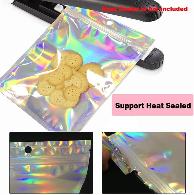 Smell Proof Bags & Resealable Foil Pouch Mylar Sample Bag Great for Party Favor Food Storage (Holographic Color) (50pcs-6x9 inch)