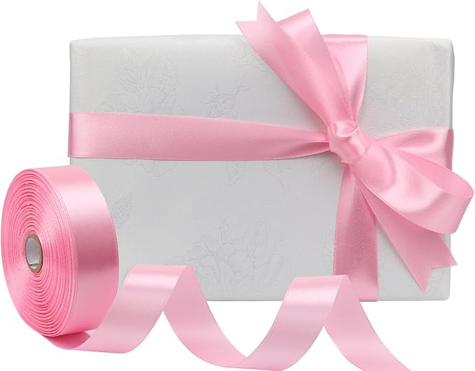 Pink Solid Satin Ribbon 1 Inch 50 Yards Solid Polyester Fabric Ribbon for Gift Wrapping Wedding Christmas Baby Shower Birthday Party Decoration Handmade Immortal Flower Craft