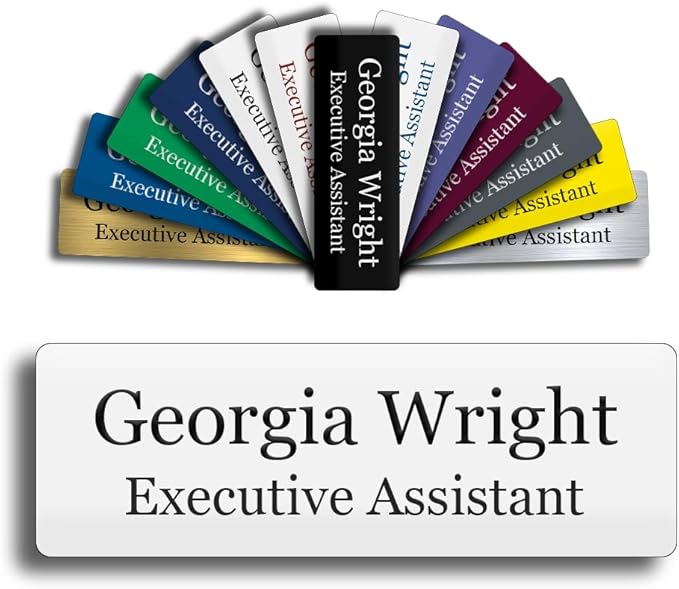 Custom Engraved Name Tag 1" x 3" Personalized Badge Magnetic or Pin Backing Made in The USA by Gem Awards (White w/Black Text)