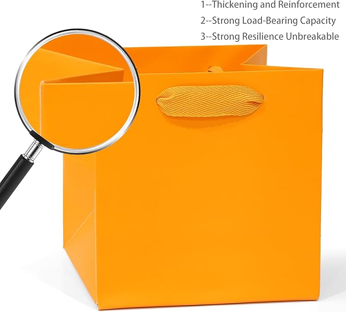 Orange Paper Gift Bag Small Square Bottom Kraft Paper Bags with Handles for Wedding Baby Shower Birthday Party (Orange, 8 x 8 x 8 in, 10 CT)
