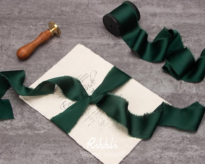 Ribbli Forest Green Silk Satin Ribbon 1.5 Inch x 12 Yard - Handmade Frayed Chiffon With Wooden Spool for Gift Wrapping, Wedding Invitations, Bridal Bouquets, Home Decor