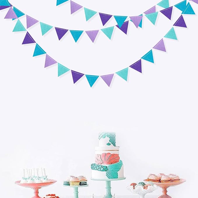 Mermaid Party Decorations Purple Teal Felt Hanging Triangle Mini Bunting Pennant Banner Flag for Birthday Wedding Baby Shower Bachelorette Little Mermaid Under The Sea Party Classroom Nursery Decor