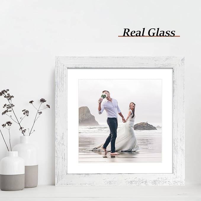 10x10 Picture Frame Set of 4 with Real Glass, Distressed White Frame Display 8x8 Pictures with Mat or 10 x 10 Without Mat, Wood Square Photo Frame for Wall Mount and Tabletop Display