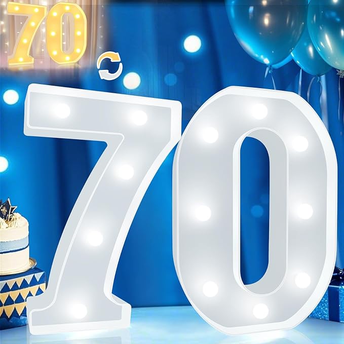 Pooqla 70th Birthday Decoration for Woman Man, Decorative LED Light Up Numbers, Marquee Numbers 70 Sign for Party Backdrop 70th Wedding Anniversary Decor, Warm White and Cool White Number 70