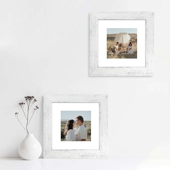 6x6 Picture Frame Set of 4 with High Definition Glass, Distressed White Frames Display 4x4 Picture with Mat or 6 x 6 Without Mat, Wood Square Photo Frame for Wall Mount and Tabletop Display