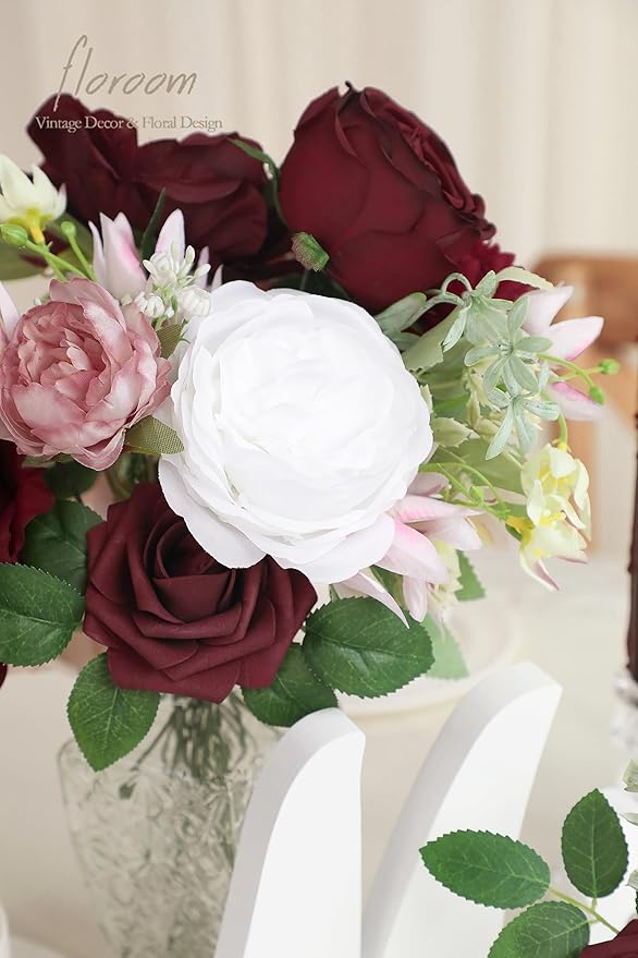 Floroom Burgundy Artificial Flowers Marsala Fake Roses Peonies Dahlia Greenery Combo Box Set for DIY Dark Red Wedding Bouquets Bridal Shower Centerpieces Floral Arrangements Party Tables Decoration