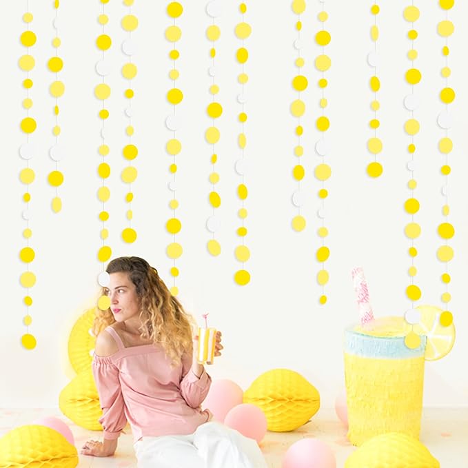 46 Ft Yellow White Circle Dots Garland Gradient Yellow Polka Dot Hanging Paper Streamer for Wedding Bridal Shower Birthday Baby Shower Engagement Bee Sunflower Lemon Theme Party Decorations Supplies