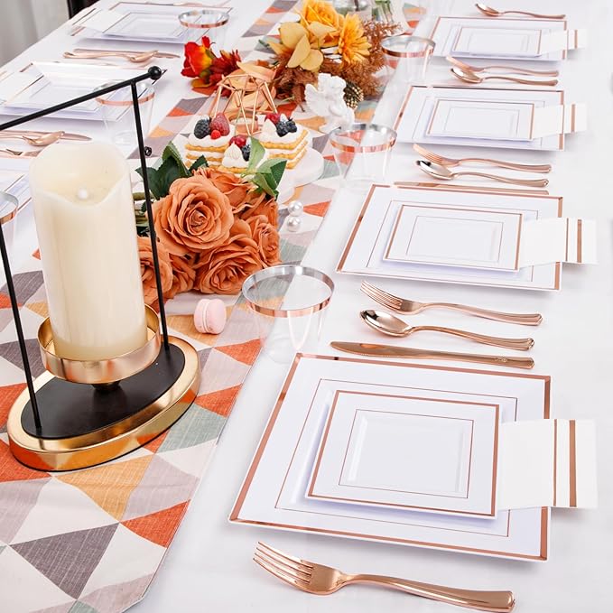 Festiva 350Pcs Rose Gold Plates and Napkins Party Supplies-Square White and Rose Gold Disposable Dinnerware include Plates Cups Cutlery Napkins for 50 Guests Wedding &Party&Mother's Day