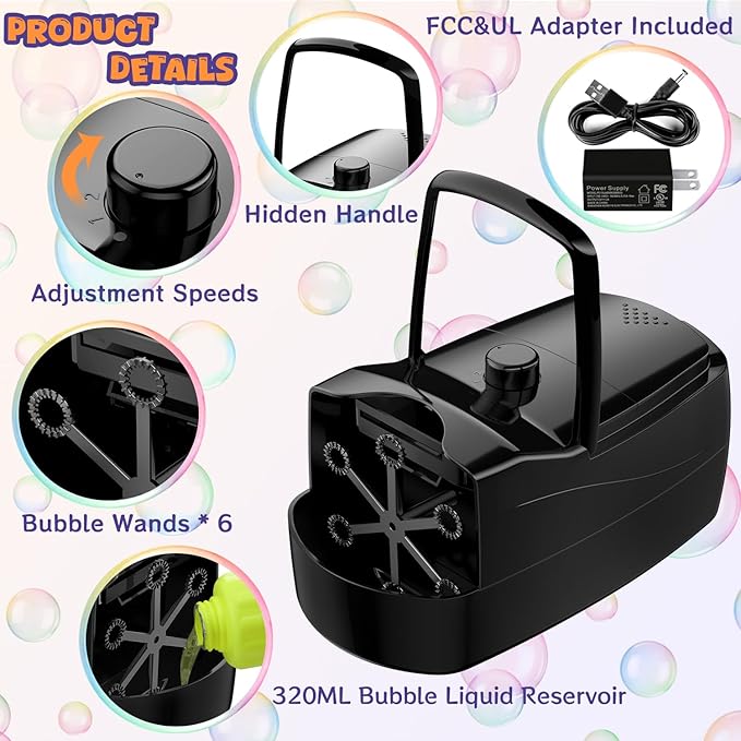 Bubble Machine, Automatic 18000+ Per Minute Big Bubbles Blower Maker for Kids Toddlers with 2 Speeds,6 Wands,Operated by Plugin or Batteries for Outdoor/Indoor Birthday Parties,Wedding (Black)