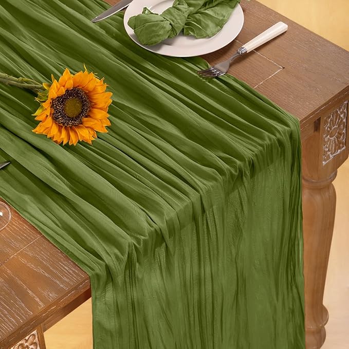 Olive Green Cheesecloth Table Runner Fall Table Runner Boho Gauze 120 Inches Green Fall Cheese Cloth Table Decorations for Thanksgiving Wedding Bridal Baby Shower Tea Party
