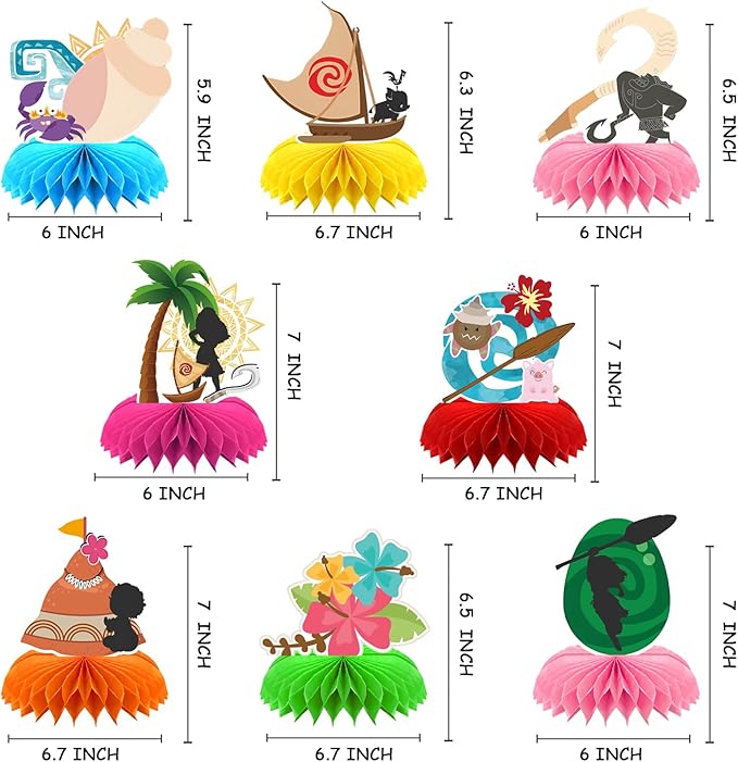 8Pcs Tropical Hawaiian Birthday Party Supplies, Tropical Luau Summer Honeycomb Centerpieces Cartoon Movie Theme 3D Table Decorations