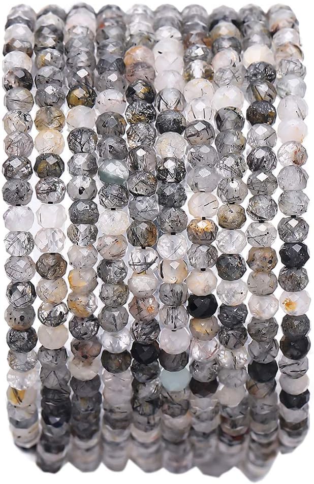 Faceted Natural Black QuartzRutilated Crystal Stone Rondelle 3x4mm Loose Semi Gemstone Beads for Jewelry Making 38cm
