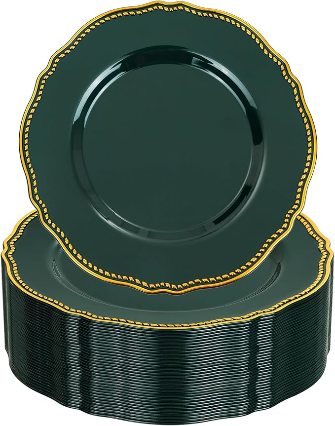Hioasis 60pcs Green Plastic Plates - Green and Gold Disposable Dinnerware with Gold Rim, Heavy-duty, 7.5 inch, Dessert Plates for Party & Wedding
