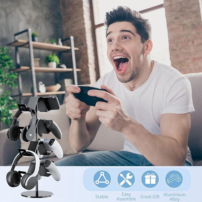 Controller Holder 4 Tier,Headphone Stand - Adjustable Headset Holder for Xbox PS5 PS4 Switch Pro - Gaming Storage for Universal Game Accessories,Desk/Floor(Black)