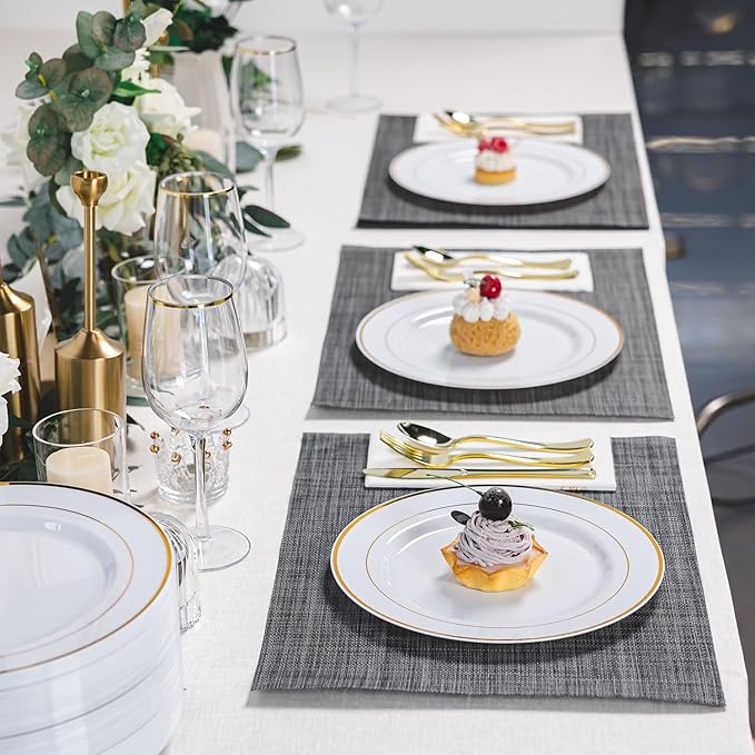 N9R 100PCS Gold Plastic Plates, 10.25 inch White Disposable Dinner Plate with Gold Rim, Heavy Duty Plates for Party Wedding and Birthday