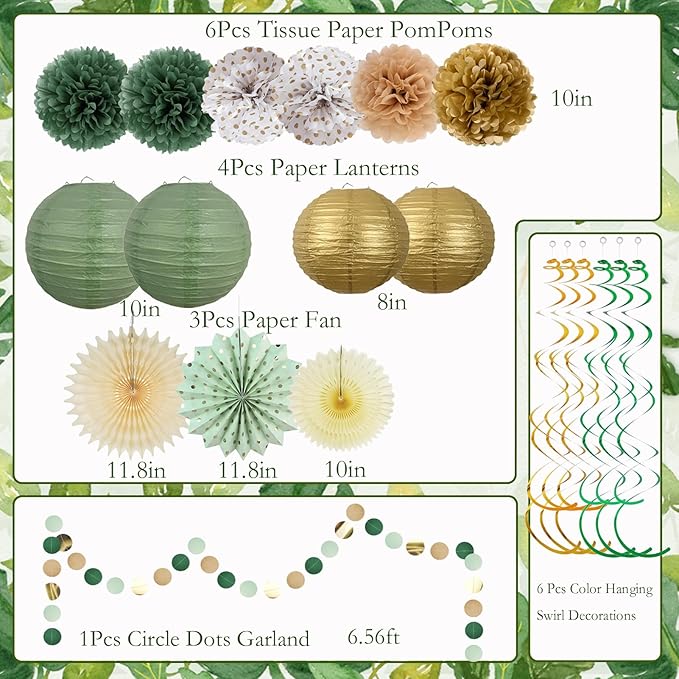 23PCS Sage Green Party Decoration,Green Paper Lanterns Fans,Pom Poms Flowers,Hanging Party Garland for Women Girls Boys Adults Birthday Party,Wedding,Baby Shower,Bridal Shower Party Decor