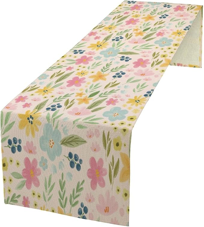 Floral Table Runner, Boho Style Watercolor Flower Green Leaf Plant Rectangle Table Decoration for Dining, Party, Holiday,13in(33cm) W * 108in(274cm) L