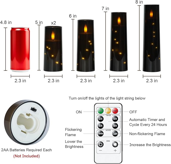 Raycare Flameless Candle with Remote Timer – 5 Flickering Acrylic Battery Operated LED Pillar Candles with Embedded Star String for Halloween, Home Decor, and as a Gift(Black)