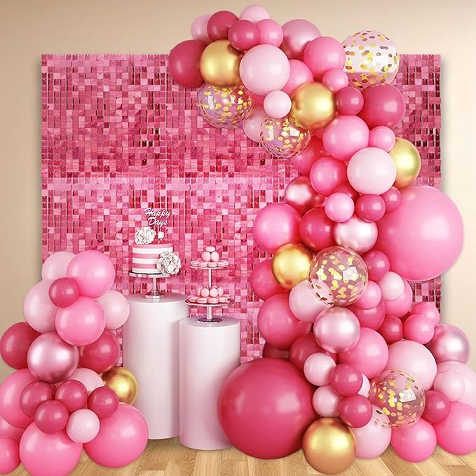 24PCS Deep Pink Shimmer Wall Backdrop, Laser Square Sequin Photo Backdrops Panel, Glitter Wall Background for Birthdays, Weddings, Christmas, Engagements, Disco Bachelorette Party Decor (4FTx6FT)