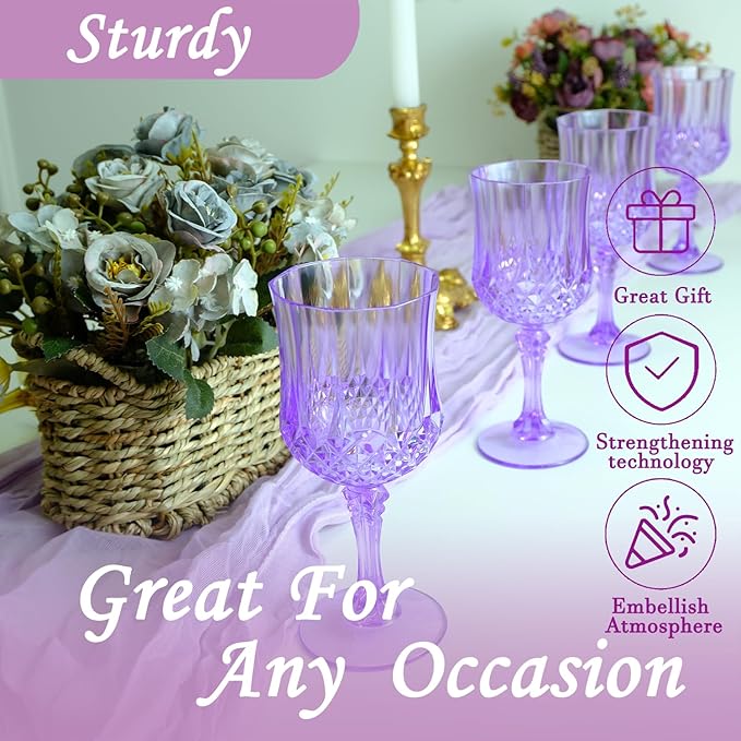 Plastic Wine Glasses,Plastic Goblets Vintage Style Cordial Drinking Glasses for Wedding Reception, Grand Event Party Supplies (12, Purple)
