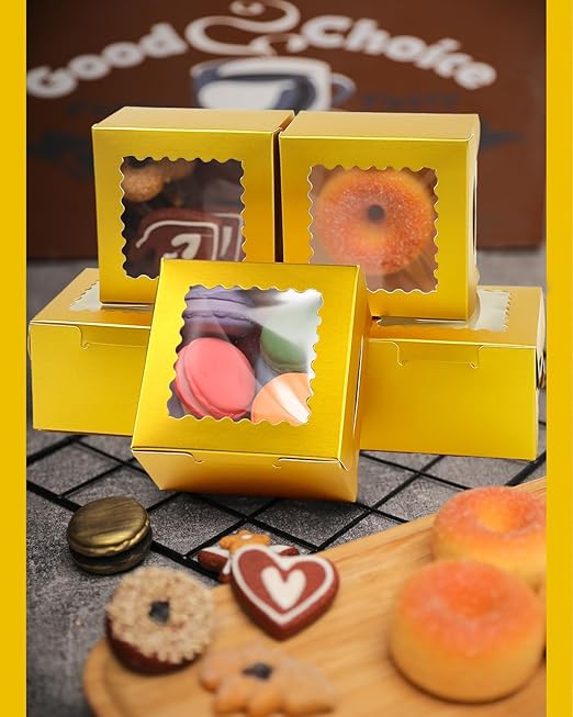 Bakepacker 60pcs Gold Bakery Boxes with Window 4x4x2.5 inches Thick & Sturdy Macaroon Pastry & Cookie Boxes