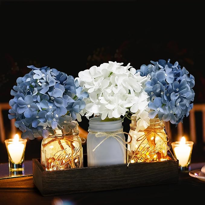 Mason Jar Lights Centerpiece Table Decor for Dining Room Farmhouse Coffee Table Decor with Wood Tray Fairy Lights Fake Hydrangea Flowers for Kitchen Living Dining Room - Blue White