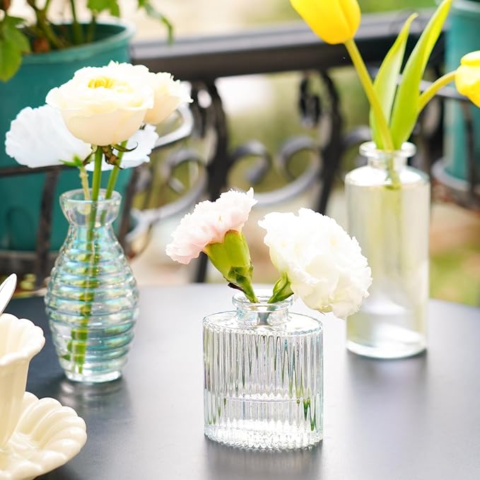 Bud Vases Set of 12, Iridescent Glass Vase for Decor Centerpieces, Small Vases for Flowers, Clear Irised Flower Vase Ribbed Modern Bud Vases in Bulk, Colorful Vases for Wedding Party Table Decoration