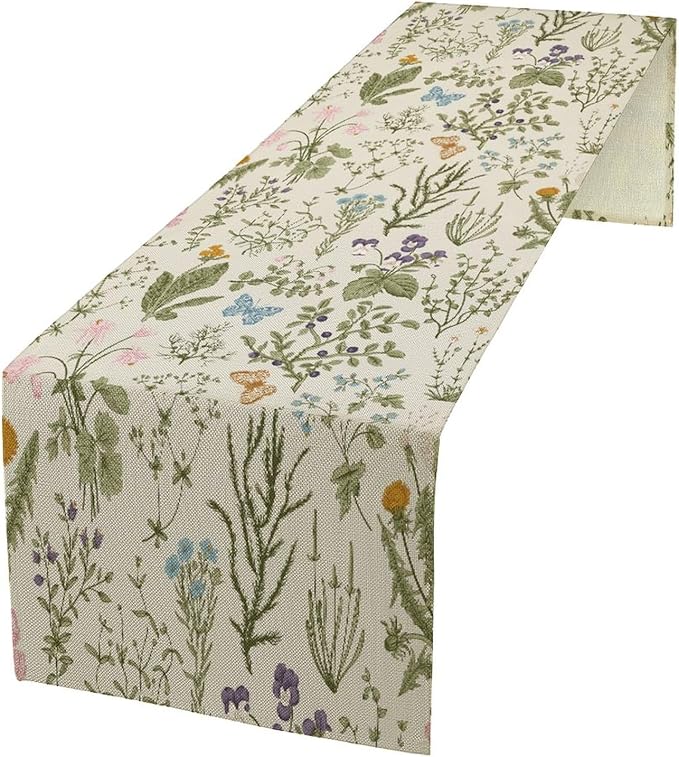 Floral Botanical Table Runner, Garden Spring Flower Botanical Butterfly Animal for Restaurant, Kitchen, Wedding, Party Rectangular Table Runner Decoration,13in(33cm) W * 90in(229cm) L