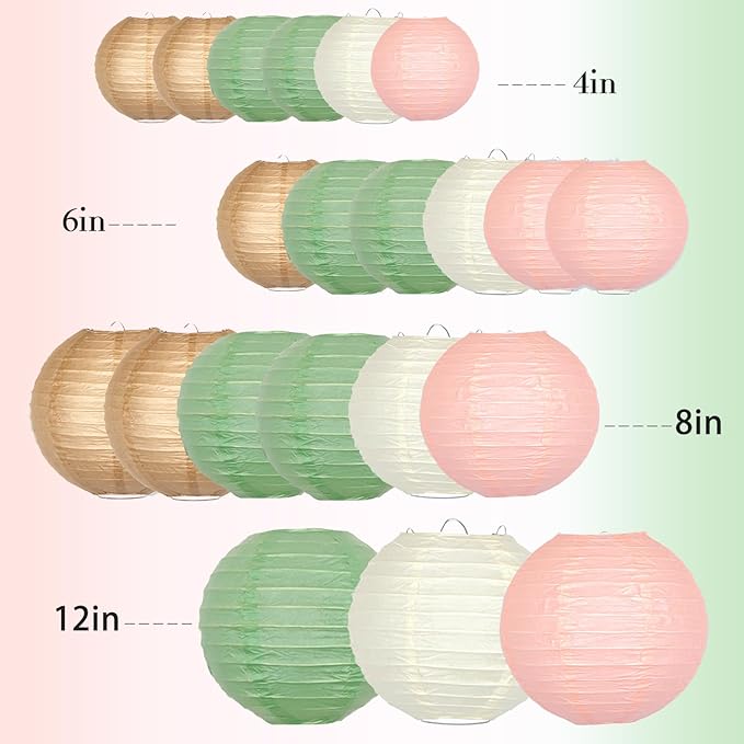 ADLKGG Paper Lanterns Party Decorative, Round Hanging Paper Lanterns Wedding Decorations for Sage Green Bridal Shower Birthday Rustic Party Neutral Baby Shower Home Decor Sage Green/Pink/Brown 21pcs