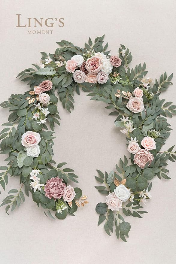 Ling's Moment Flower Garland - 6FT Eucalyptus & Rose - Pink Sweetheart Table Decor for Wedding Reception, Artificial Floral Garland for Mantle, Thanksgiving, Christmas Decoration, Dusty Rose