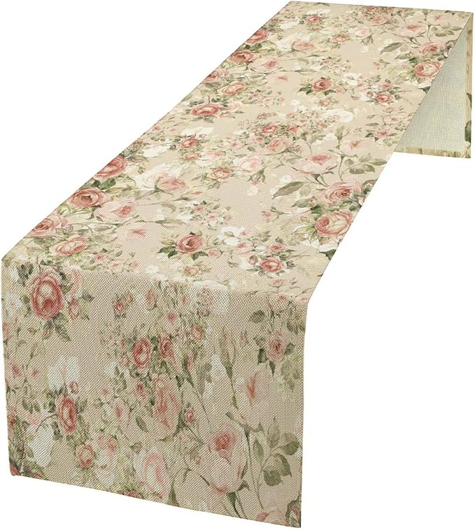 Lovely Rose Table Runner, Red and White Vintage Rose Delicate Floral Natural Pattern Long Table Restaurant Kitchen Holiday Party Decoration,13in(33cm) W * 120in(305cm) L